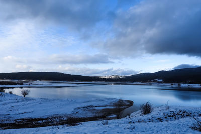 Scenic view of lake against sky during winter