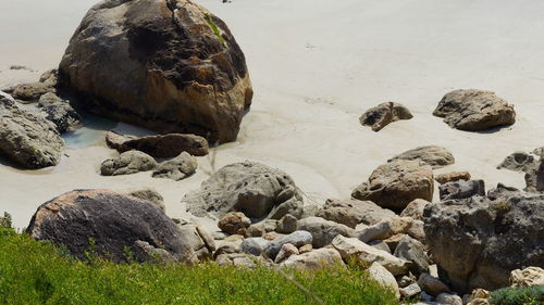 High angle view of rocks on beach