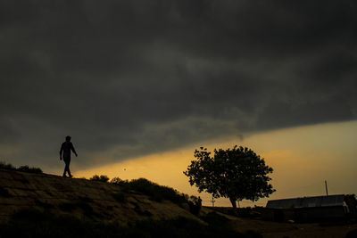 Silhouette person standing by tree against sky during sunset