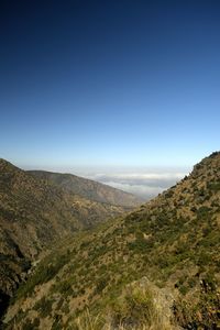 Scenic view of mountains against clear blue sky