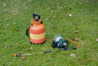 High angle view of toy on grassy field