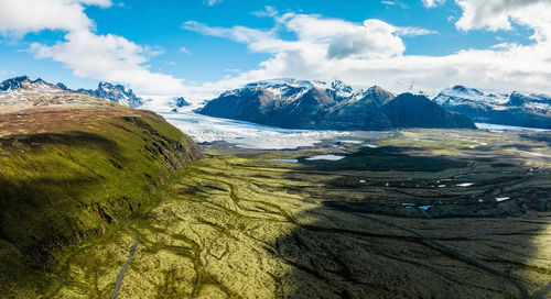 Aerial panoramic view of the skaftafell glacier, iceland