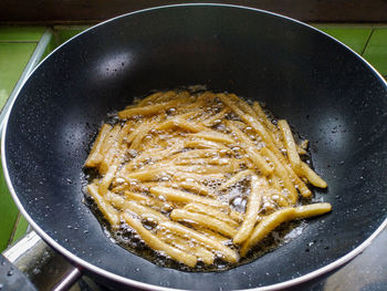 High angle view of meat in cooking pan