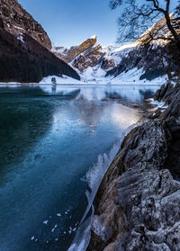 Scenic view of lake by snowcapped mountains against sky