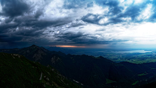 Scenic view of dramatic landscape against sky during sunset