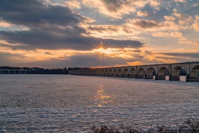 Bridge over river against sky during sunset