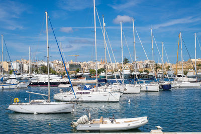 Sailboats moored at harbor