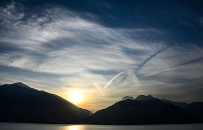 Scenic view of silhouette mountains against sky during sunset