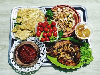 High angle view of breakfast served on table