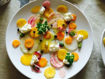 High angle view of breakfast served on table