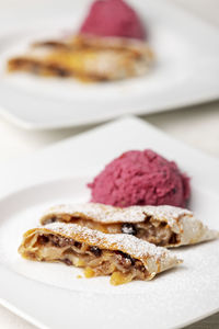 Close-up of dessert in plate on table