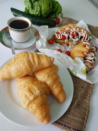 High angle view of breakfast served on table