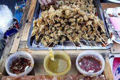 High angle view of food on table at market