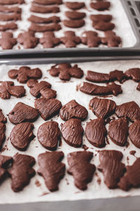 Close-up of chocolate cookies in baking sheet