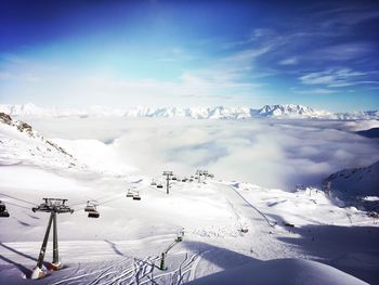 Scenic view of snow covered mountains against sky