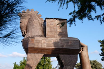 Low angle view of wooden structure against sky