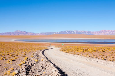 Scenic view of desert against clear blue sky