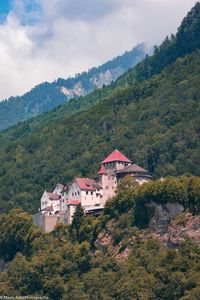 Houses by trees and mountains against sky