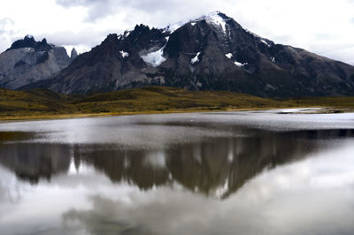 Scenic view of lake and mountains against sky