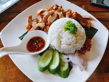 High angle view of food served on table