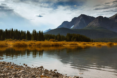 Scenic view of lake and mountains against sky