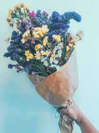 Close-up of hand holding flower vase against white wall