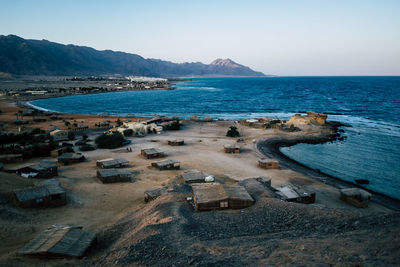 High angle view of beach against clear sky