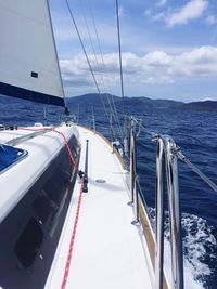 Cropped boat in sea against clear sky