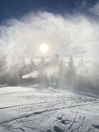 Snow covered landscape against sky