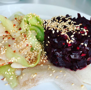 High angle view of breakfast served in plate