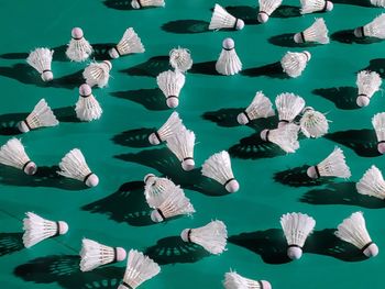 High angle view of umbrellas on table