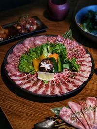 High angle view of food in plate on table