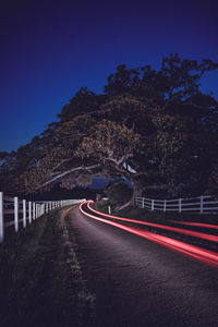 Light trails on road against sky at night