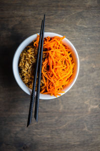 High angle view of noodles in bowl on table