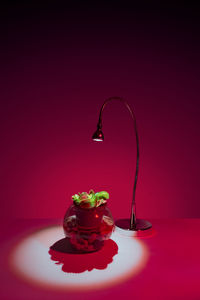 Close-up of cake on table against colored background