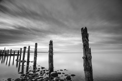 Wooden posts on beach against sky