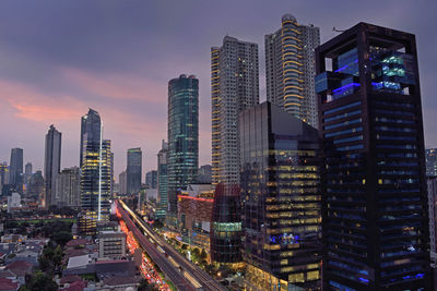 Skyscrapers in city at night