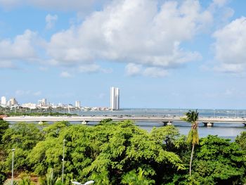 Scenic view of sea and cityscape against sky