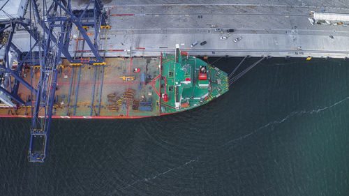High angle view of container ship in sea