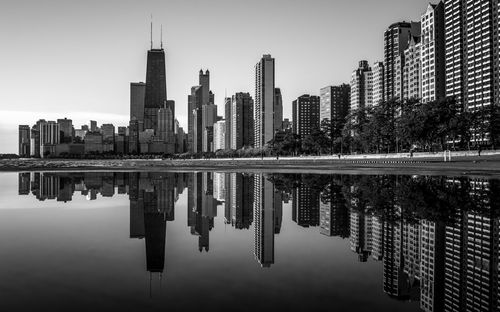 Reflection of buildings in calm lake