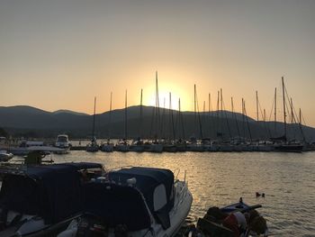 Sailboats moored at harbor during sunset