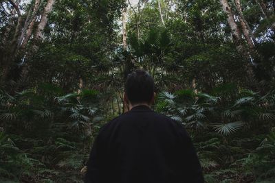 Rear view of man standing in forest