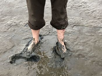 Low section of man standing on beach