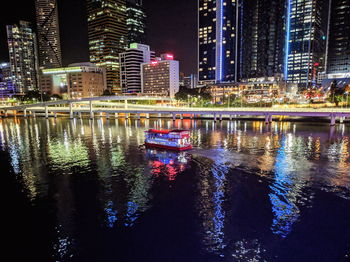 Reflection of illuminated buildings in city at night