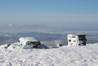 Scenic view of snow covered land against sky