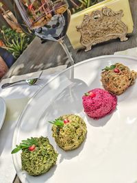 High angle view of dessert in plate on table