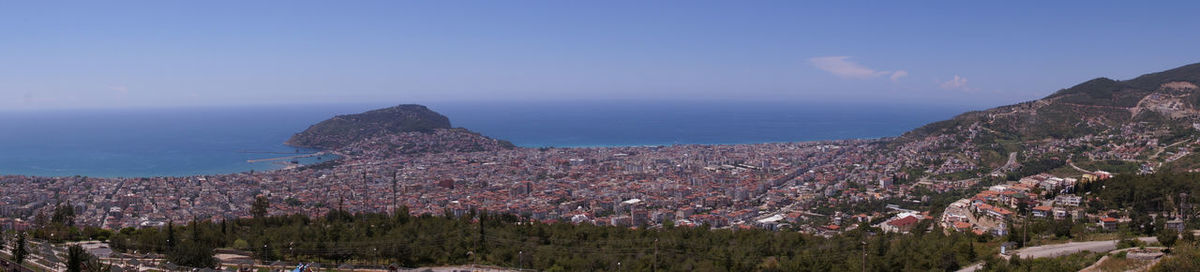 Panoramic view of sea and mountains against sky