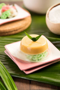 Close-up of dessert in plate on table