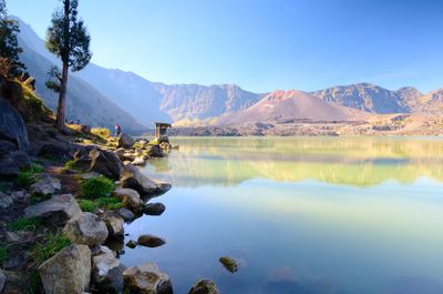 Scenic view of lake and mountains against sky