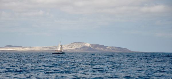 Ship sailing on sea against sky